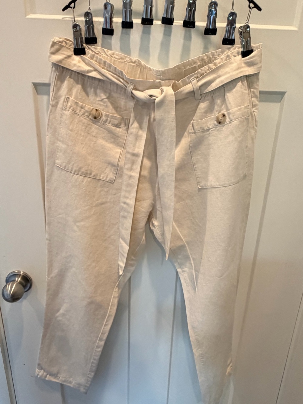 Women's Cream Tie-Waist Linen-Blend Pants